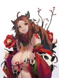 Rule 34 | 1girl, :d, ahoge, animal ears, bell, bell earrings, branch, breasts, brown eyes, brown hair, cleavage, cow ears, cow horns, cowbell, earrings, flower, grin, horns, huge breasts, japanese clothes, jewelry, jingle bell, kimono, looking at viewer, navel, open mouth, original, red flower, red kimono, red ribbon, ribbon, simple background, smile, solo, undressing, unfinished, upper body, white background, wonchun