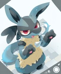 1other black_hair body_fur claws commentary creatures_(company) fang furry game_freak gen_4_pokemon highres looking_up lucario nintendo open_mouth other_focus pawpads pokemon pokemon_(creature) red_eyes shadow smile spikes standing tail ushiina