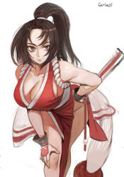 Rule 34 | 1girl, absurdres, artist name, bent over, breasts, brown eyes, brown hair, carcass (artist), fatal fury, folded fan, folding fan, hand fan, hand on own hip, high ponytail, highres, holding, holding fan, japanese clothes, large breasts, looking at viewer, pelvic curtain, ponytail, revealing clothes, shiranui mai, simple background, smile, solo, square enix, the king of fighters, white background