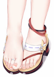 Rule 34 | 1girl, anklet, feet, feet only, flip-flops, foot focus, genshin impact, highres, jewelry, legs, nail polish, pink nails, sandals, simple background, solo, toe ring, toenail polish, toenails, toes, wd (1106592840), white background, yae miko