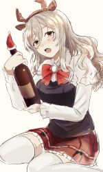 Rule 34 | 1girl, absurdres, bottle, brown eyes, commentary request, corset, fake antlers, grey hair, hagioshi, hair between eyes, highres, holding, holding bottle, kantai collection, long hair, looking at viewer, miniskirt, pola (kancolle), red neckwear, red skirt, shirt, simple background, sitting, skirt, solo, thick eyebrows, thighhighs, wariza, wavy hair, white background, white shirt, white thighhighs, wine bottle