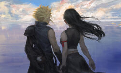 Rule 34 | 1boy, 1girl, absurdres, apron, arm ribbon, bare shoulders, black apron, black gloves, black hair, black sleeves, black vest, blonde hair, blue eyes, blue sky, breasts, closed mouth, cloud, cloud strife, cloudy sky, commentary, couple, cowboy shot, crop top, detached sleeves, earrings, english commentary, final fantasy, final fantasy vii, final fantasy vii advent children, floating hair, from behind, gloves, highres, holding hands, horizon, jewelry, large breasts, long hair, looking at another, looking to the side, ocean, outdoors, popped collar, red ribbon, ribbon, shirt, single bare shoulder, single detached sleeve, single earring, single shoulder pad, sky, sleeveless, sleeveless shirt, spiked hair, stud earrings, tank top, teardrop earrings, tifa lockhart, twitter username, vest, waist apron, white tank top, zoewingsz