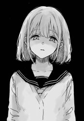 Rule 34 | 1girl, black background, collarbone, greyscale, highres, idolmaster, idolmaster shiny colors, long sleeves, looking at viewer, monochrome, neckerchief, nogoodlife, parted lips, sailor collar, school uniform, serizawa asahi, short hair, simple background, solo, upper body