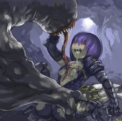 Rule 34 | 1girl, armor, bad id, bad pixiv id, bestiality, blush, breasts, capcom, cave, drooling, hair over one eye, interspecies, khezu, leg grab, looking at another, medium breasts, monster, monster hunter (series), open mouth, purple eyes, purple hair, saliva, shinazo, short hair, sitting, solo, solo focus, spread legs, teeth, thigh grab, tongue, underboob, upper teeth only