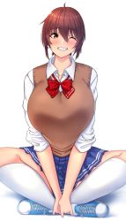 Rule 34 | 1girl, absurdres, bouhatei (t-back), bow, bowtie, breasts, brown eyes, brown hair, full body, hands on own leg, highres, indian style, kneehighs, large breasts, looking at viewer, miniskirt, one eye closed, red bow, red bowtie, school uniform, shirt, shoes, short hair, simple background, sitting, skirt, sleeves rolled up, smile, sneakers, socks, solo, sounan desuka?, suzumori asuka, teeth, tomboy, white background, white socks, white shirt