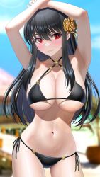 Rule 34 | 1girl, armpits, arms up, beach, bikini, black bikini, black hair, blurry, blurry background, blush, breasts, choker, cleavage, closed mouth, contrapposto, cowboy shot, day, depth of field, eyebrows hidden by hair, glaring, hair between eyes, hair ornament, halterneck, highres, houriigurei, large breasts, long hair, looking at viewer, navel, o-ring, outdoors, red eyes, side-tie bikini bottom, solo, spy x family, stomach, string bikini, swimsuit, v-shaped eyebrows, yor briar