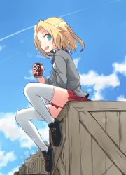 Rule 34 | 10s, 1girl, a&amp;w, blazer, blonde hair, blue eyes, blue footwear, box, cloud, cloudy sky, day, from side, girls und panzer, grey jacket, hair intakes, holding, jacket, kakizaki (chou neji), kay (girls und panzer), long hair, long sleeves, looking at viewer, miniskirt, on box, open clothes, open jacket, open mouth, outdoors, pleated skirt, red skirt, root beer, saunders school uniform, school uniform, shoes, sitting, sitting on box, skirt, sky, sleeves rolled up, smile, sneakers, solo, thighhighs, white thighhighs