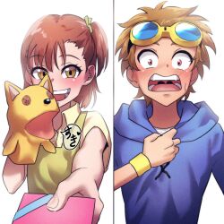 Rule 34 | 1boy, 1girl, absurdres, chocolate, digimon, embarrassed, goggles, goggles on head, highres, katou juri, matsuda takato, puppet