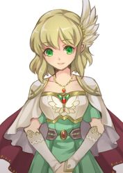 Rule 34 | 1girl, armor, blonde hair, cape, dress, fingerless gloves, fire emblem, fire emblem: genealogy of the holy war, gloves, green eyes, jewelry, looking at viewer, nanna (fire emblem), necklace, nintendo, renkonmatsuri, simple background, smile, solo, white armor, white background
