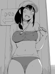 Rule 34 | 1girl, baseball cap, covered erect nipples, exhibitionism, eyebrows hidden by hair, greyscale, hat, highres, houkago teibou nisshi, kotani sayaka, leaning back, midriff, mole, mole under eye, monochrome, navel, off shoulder, onsen tamago (hs egg), open mouth, public indecency, sanpaku, sign, solo, standing, stomach, strap pull, sweatdrop, swimsuit, tomboy, whistle, whistle around neck