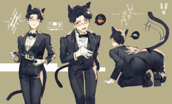 Rule 34 | 1boy, all fours, animal ears, black footwear, black hair, black jacket, black neckwear, black pants, bottle, bow, bowtie, brown background, cat boy, cat ears, closed mouth, coffee cup, collarbone, commentary, cup, disposable cup, english commentary, formal, glasses, gloves, hand on own chest, highres, holding, holding bottle, ishida (segu ishida), jacket, male focus, mouse (animal), multiple views, open mouth, orange eyes, original, pants, shirt, shoe soles, short hair, simple background, slit pupils, smile, spoken object, suit, very short hair, waistcoat, white gloves, white shirt, wine bottle