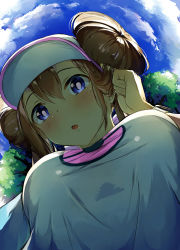 Rule 34 | 1girl, absurdres, blue eyes, blue sky, blush, breasts, brown hair, cloud, commentary request, creatures (company), day, double bun, from below, game freak, hair bun, hat, highres, long hair, looking at viewer, looking down, nintendo, outdoors, poke ball print, pokemon, pokemon bw2, print shirt, rosa (pokemon), seneto, shirt, sky, solo, tucking hair, upper body, visor cap, white hat, white shirt, wristband
