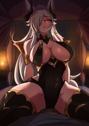 Rule 34 | 1girl, absurdres, animal ears, armlet, black horns, black leotard, black thighhighs, blue shirt, blurry, blurry background, breasts, breasts apart, brick wall, candle, covered navel, demon horns, discordia (vtuber), fox ears, fox girl, girl on top, gold trim, grey hair, hair over one eye, highres, hip vent, horns, large breasts, leotard, long hair, notus 49, on bed, parted lips, red eyes, second-party source, shirt, solo, thighhighs, vfleet, virtual youtuber