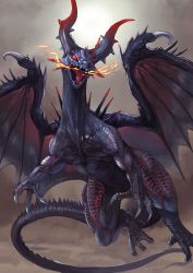 Rule 34 | claws, dragon, fantasy, fire, highres, horns, monster, no humans, original, scales, sharp teeth, teeth, tesshii (riza4828), wings