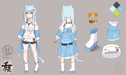 Rule 34 | 1girl, :o, animal ear fluff, animal ears, bare shoulders, bike shorts, black shorts, blue hair, blue jacket, blush, boots, breasts, camisole, cat ears, cat girl, cat tail, character sheet, collarbone, color guide, commentary request, green eyes, grey background, hair ornament, hairclip, highres, jacket, kuro kosyou, long hair, looking at viewer, midriff, multiple views, navel, off shoulder, open clothes, open jacket, original, parted lips, short eyebrows, short shorts, shorts, small breasts, standing, tail, thick eyebrows, white camisole, white footwear, x-ray