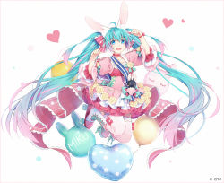 Rule 34 | 1girl, :d, ahoge, animal ear fluff, animal ears, aqua hair, arm up, balloon, blue eyes, boots, bow, character name, commentary, copyright notice, cross-laced footwear, dress, flower, gradient hair, hair bow, hakusai (tiahszld), hand up, hatsune miku, heart, heart balloon, lace-up boots, long hair, looking at viewer, midair, multicolored hair, open mouth, pink dress, pink hair, puffy short sleeves, puffy sleeves, rabbit ears, red bow, roller skates, rose, short sleeves, skates, smile, solo, striped, striped bow, teeth, thighhighs, thighhighs under boots, twintails, upper teeth only, very long hair, vocaloid, white background, white footwear, white thighhighs, yellow flower, yellow rose