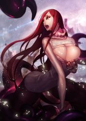 Rule 34 | 1girl, breasts, bursting breasts, cleavage, cleavage cutout, clothing cutout, duto, huge breasts, imminent rape, katarina (league of legends), large breasts, league of legends, long hair, meme attire, open-chest sweater, open mouth, red hair, ribbed sweater, scar, scar across eye, scar on face, scarf, solo, sweater, tentacles, torn clothes, turtleneck, vel&#039;koz, you gonna get raped