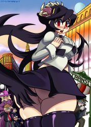 Rule 34 | 2girls, 4boys, anal, anal fingering, ass, ass grab, black hair, blush, breasts, building, clothes lift, collared shirt, covering another&#039;s eyes, covering own eyes, filia (skullgirls), fingering, grabbing own ass, highres, looking at viewer, looking back, miniskirt, multiple boys, multiple girls, no panties, outdoors, pervert, pointing, police, police uniform, policeman, prehensile hair, public indecency, pussy, red eyes, samson (skullgirls), school uniform, shirt, skirt, skirt lift, skullgirls, thick thighs, thighhighs, thighs, tongue, tongue out, uncensored, uniform