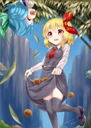 Rule 34 | 2016, 2girls, araki (qbthgry), black legwear, blonde hair, blue hair, branch, canyon, chestnut, cirno, closed eyes, dated, day, fang, hair ribbon, in tree, loafers, long sleeves, looking at another, mary janes, multiple girls, necktie, open mouth, outdoors, red eyes, red necktie, ribbon, rumia, shoes, short hair, signature, skirt, skirt basket, skirt hold, skirt set, thighhighs, touhou, tree, upside-down