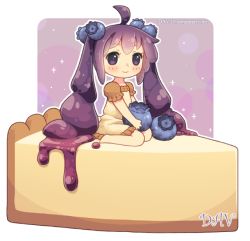 Rule 34 | 1girl, ahoge, artist name, barefoot, beige dress, blueberry, blueberry hair ornament, blush, cheesecake, chibi, closed mouth, dav-19, dress, food, food-themed clothes, food-themed hair ornament, frilled dress, frills, fruit, hair ornament, holding, holding food, lace background, long hair, looking at viewer, original, personification, puffy short sleeves, puffy sleeves, purple eyes, purple hair, short sleeves, sidelocks, sitting, smile, solo, transparent background, twintails, very long hair, wariza, watermark, web address