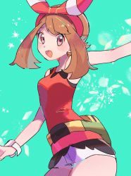 Rule 34 | 1girl, bad id, bad twitter id, blush, brown eyes, brown hair, cowboy shot, creatures (company), fanny pack, game freak, highres, looking at viewer, nintendo, open mouth, pokemon, pokemon oras, red tank top, ririmon, shorts, smile, standing, tank top, white shorts