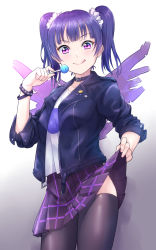 Rule 34 | &gt;:p, 1girl, :p, alternate hairstyle, black thighhighs, blue hair, candy, clothes lift, collar, cowboy shot, food, highres, jacket, kanabun, leather, leather jacket, lollipop, looking at viewer, love live!, love live! school idol festival, love live! sunshine!!, miniskirt, pleated skirt, purple eyes, scrunchie, skirt, skirt lift, solo, studded bracelet, thighhighs, tongue, tongue out, tsushima yoshiko, twintails, v-shaped eyebrows, white scrunchie, wings