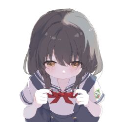 Rule 34 | 1girl, blue skirt, blush, brown hair, clannad, commentary request, eyelashes, eyes visible through hair, from above, hair between eyes, hands up, highres, ibuki fuuko, long hair, looking down, nujii, red ribbon, ribbon, sailor collar, school uniform, shirt, short sleeves, sidelighting, sidelocks, simple background, skirt, solo, suspender skirt, suspenders, upper body, white background, white sailor collar, white shirt, yellow eyes