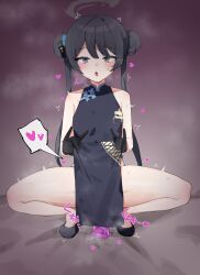 Rule 34 | 1girl, absurdres, black dress, black footwear, black gloves, black hair, blue archive, blush, butterfly hair ornament, china dress, chinese clothes, commentary request, dildo, double bun, dragon print, dress, gloves, grey eyes, hair bun, hair ornament, halo, heart, highres, implied masturbation, kisaki (blue archive), main56, open mouth, pelvic curtain, print dress, sex toy, solo, squatting, sweat, twintails