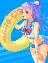 Rule 34 | 1girl, alternate costume, bare arms, blue background, blue sailor collar, blue shorts, blunt bangs, bow, bowtie, closed mouth, collared shirt, crop top, high ponytail, innertube, izayoi liko, jj (ssspulse), leaning forward, long hair, mahou girls precure!, midriff, precure, purple hair, red bow, red bowtie, red eyes, sailor collar, sailor shirt, shirt, short shorts, shorts, sleeveless, sleeveless shirt, solo, standing, stomach, swim ring, tongue, tongue out, very long hair, white shirt, wristband