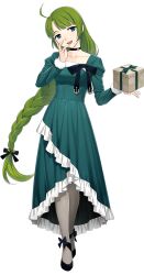 Rule 34 | 1girl, ahoge, black choker, blue eyes, box, braid, choker, dress, fujikawa, full body, gift, gift box, green dress, green hair, grey pantyhose, hand on own face, hat, kantai collection, long hair, mole, mole under mouth, official alternate costume, official art, open mouth, pantyhose, single braid, smile, solo, third-party source, transparent background, very long hair, yuugumo (kancolle)