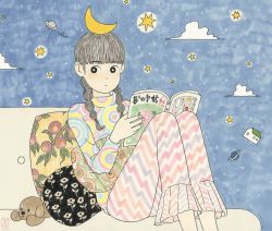 Rule 34 | 1girl, awai880, black eyes, blunt bangs, book, braid, bright pupils, crescent moon, feet out of frame, floral print, grey hair, house, knees up, long hair, long sleeves, moon, open book, original, pants, pillow, planetary ring, print pants, print shirt, shirt, signature, sky, solo, star (sky), star (symbol), starry sky, stuffed animal, stuffed toy, twin braids, ufo, white pupils