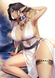 Rule 34 | 1girl, arm up, armpits, bare shoulders, black hair, black nails, blue choker, blue eyes, blueorca, bracelet, breasts, choker, cleavage, clothing cutout, dark-skinned female, dark skin, dress, earrings, egyptian, egyptian clothes, elf, hair over shoulder, hand in own hair, hand rest, highres, jewelry, large breasts, long hair, looking at viewer, mole, mole on breast, mole under eye, nail polish, navel, navel cutout, necklace, original, parted lips, pelvic curtain, pointy ears, ring, sideboob, sitting, sleeveless, sleeveless dress, solo, thighlet, thighs, very long hair, white dress
