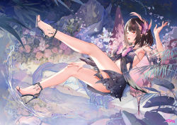 Rule 34 | 1girl, armpits, atdan, bare legs, bare shoulders, black dress, black hair, breasts, bug, butterfly, butterfly hair ornament, center opening, dress, hair ornament, hand on own knee, high heels, highres, insect, legs up, lily (atdan), looking at viewer, medium breasts, open mouth, original, pointy ears, red eyes, revision, short dress, short hair, sidelocks, sleeveless, sleeveless dress, solo, stomach, thighs, wings