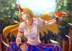 Rule 34 | 1girl, blonde hair, blue sky, breasts, chain, cloud, cuffs, cup, day, facing away, fang, fighting stance, forest, grin, highres, horns, hoshiguma yuugi, large breasts, long hair, muscular, nature, outdoors, red eyes, sakazuki, shackles, sharp teeth, short sleeves, single horn, sketch, sky, smile, solo, squatting, star (symbol), teeth, touhou, yostel