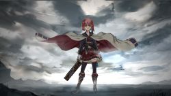 Rule 34 | 10s, 1girl, alternate costume, belt, boots, brown eyes, brown hair, cape, cloud, cloudy sky, commentary, frills, full body, gloves, highres, kantai collection, knee boots, long sleeves, military, military uniform, pleated skirt, red skirt, ruisento, sheath, sheathed, short hair, skirt, sky, solo, standing, sword, thighhighs, uniform, weapon, white gloves, wind, z3 max schultz (kancolle)