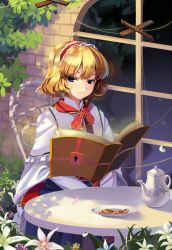Rule 34 | 1girl, alice margatroid, blonde hair, blue eyes, capelet, chair, cookie, female focus, flower, food, hairband, nature, outdoors, puppet strings, short hair, sitting, smile, solo, string, teapot, touhou, yadamon (neverland)