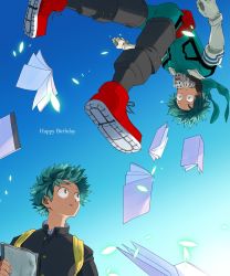 Rule 34 | 10s, 1boy, blue sky, boku no hero academia, book, buttons, day, elbow gloves, freckles, gauntlets, gloves, green eyes, green hair, happy birthday, highres, kasumiougi, looking at another, male focus, midoriya izuku, open book, parted lips, red footwear, school uniform, sky, smile, spiked hair, tears, time paradox, white gloves