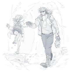 Rule 34 | 1boy, 1girl, boots, coat, degrees of lewdity, eden (degrees of lewdity), height difference, highres, holding hands, player character (degrees of lewdity), snow, walking, yaneko 002