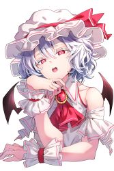 Rule 34 | 1girl, absurdres, ascot, bare shoulders, bat wings, blue hair, brooch, brown wings, collared dress, colored eyelashes, commentary request, darjeeling (reley), dress, fangs, hair between eyes, hand up, hat, hat ribbon, highres, jewelry, looking at viewer, mob cap, open mouth, red ascot, red eyes, red ribbon, remilia scarlet, ribbon, simple background, sleeveless, sleeveless dress, solo, teeth, touhou, upper teeth only, white background, white dress, white hat, wings, wrist cuffs