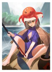 Rule 34 | 1girl, absurdres, bare legs, barefoot, blurry, blurry background, breasts, day, dress, feet, fishing, fishing rod, foreshortening, full body, grey hair, hair between eyes, highres, holding, knee up, legs, medium hair, octopus, on ground, open mouth, orange eyes, original, outdoors, partially unbuttoned, purple dress, sitting, small breasts, sokiu (dongxiasokiu), solo, straw cape, teeth, toenails, toes, water, wooden floor