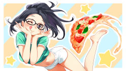 Rule 34 | 1girl, ;p, barefoot, black hair, blush, breasts, cheese, clothes lift, floating hair, food, glasses, green shirt, hands on own cheeks, hands on own face, head rest, highres, indie virtual youtuber, kson, legs, looking at viewer, midriff, multicolored background, navel, one eye closed, open hands, pizza, ponytail, purple eyes, real life, shirt, shirt lift, short shorts, shorts, solo, star (symbol), tabo55555, tongue, tongue out, white shorts