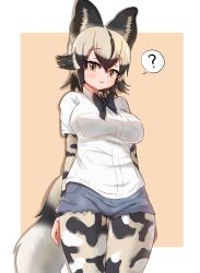 Rule 34 | 1girl, :3, ?, absurdres, african wild dog (kemono friends), african wild dog print, akaisuto, animal ears, arms at sides, bad id, bad twitter id, black hair, bodystocking, bow, bowtie, breast pocket, breasts, closed mouth, collared shirt, commentary request, cutoffs, denim, denim shorts, dog ears, dog girl, dog tail, extra ears, grey hair, hair between eyes, highres, kemono friends, large breasts, layered sleeves, long sleeves, looking at viewer, medium hair, multicolored hair, orange eyes, pocket, shirt, short over long sleeves, short shorts, short sleeves, shorts, sidelocks, smile, solo, spoken question mark, tail, thigh gap, two-tone hair, white shirt, wing collar