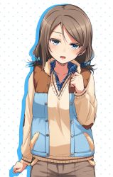 Rule 34 | 10s, 1girl, alternate hairstyle, blue eyes, brown hair, hair ornament, hair scrunchie, highres, jacket, love live!, love live! school idol festival, love live! sunshine!!, low twintails, nanotsuki, open mouth, polka dot, polka dot background, scrunchie, short twintails, solo, striped clothes, striped scrunchie, sweater, twintails, vest, watanabe you