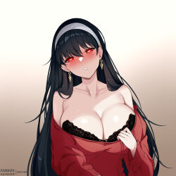 Rule 34 | 1girl, absurdres, amai-pai, bare shoulders, black bra, black hair, bra, breasts, cleavage, collarbone, drunk, earrings, hairband, heart, heart-shaped pupils, highres, jewelry, large breasts, long hair, looking at viewer, off-shoulder sweater, off shoulder, parted lips, red eyes, red sweater, solo, spy x family, strapless, strapless bra, sweater, symbol-shaped pupils, underwear, upper body, very long hair, white hairband, yor briar