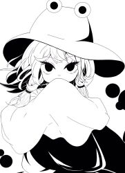 Rule 34 | 1girl, blush, covering own mouth, detached sleeves, greyscale, hand up, hanokami, hat, highres, long hair, long sleeves, looking at viewer, monochrome, moriya suwako, sleeves past fingers, sleeves past wrists, solo, touhou, tsurime, upper body, wide sleeves