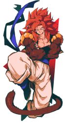 Rule 34 | 1boy, absurdres, baggy pants, biceps, black footwear, black nails, black vest, black wristband, blue eyes, blue sash, body fur, boots, closed mouth, collarbone, crossed arms, dragon ball, dragon ball gt, fingernails, full body, gogeta, highres, leg up, long hair, looking at viewer, male focus, metamoran vest, monkey tail, muscular, muscular male, open clothes, open vest, pants, pectorals, red background, red fur, red hair, relio db318, sash, simple background, smile, solo, spiked hair, super saiyan, super saiyan 4, tail, two-tone background, v-shaped eyebrows, vest, white background, white pants, wristband