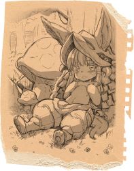 Rule 34 | 1girl, :d, against tree, animal ears, barefoot, blush, commentary request, ears through headwear, fake horns, fang, film strip, flower, forest, furry, furry female, helmet, highres, horizontal pupils, horned helmet, horns, kekocha, looking at viewer, made in abyss, monochrome, mushroom, nanachi (made in abyss), nature, on ground, open mouth, pants, sepia, sitting, sketch, smile, solo, tail, topless, tree