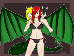 Rule 34 | bikini, black hair, blonde hair, claws, conjoined, dragon girl, green eyes, hair over one eye, horns, midriff, navel, open mouth, red hair, smile, swimsuit, tail, wings