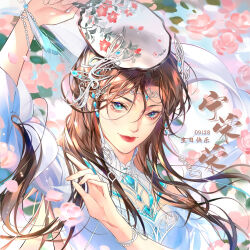Rule 34 | 1girl, absurdres, arm up, artist request, bead bracelet, beads, blue dress, blue eyes, bracelet, breasts, brown hair, circlet, closed mouth, collared dress, douluo dalu, dress, floating hair, floral background, hair ornament, hand fan, hand up, highres, holding, holding fan, jewelry, long hair, long sleeves, medium breasts, ning rongrong (douluo dalu), second-party source, smile, solo, upper body