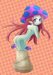 Rule 34 | 1girl, ass, blue eyes, blush, breasts, large breasts, leaning forward, long hair, looking at viewer, looking back, matango, monster girl, mushroom, original, pink hair, plant girl, pointy ears, solo, very long hair